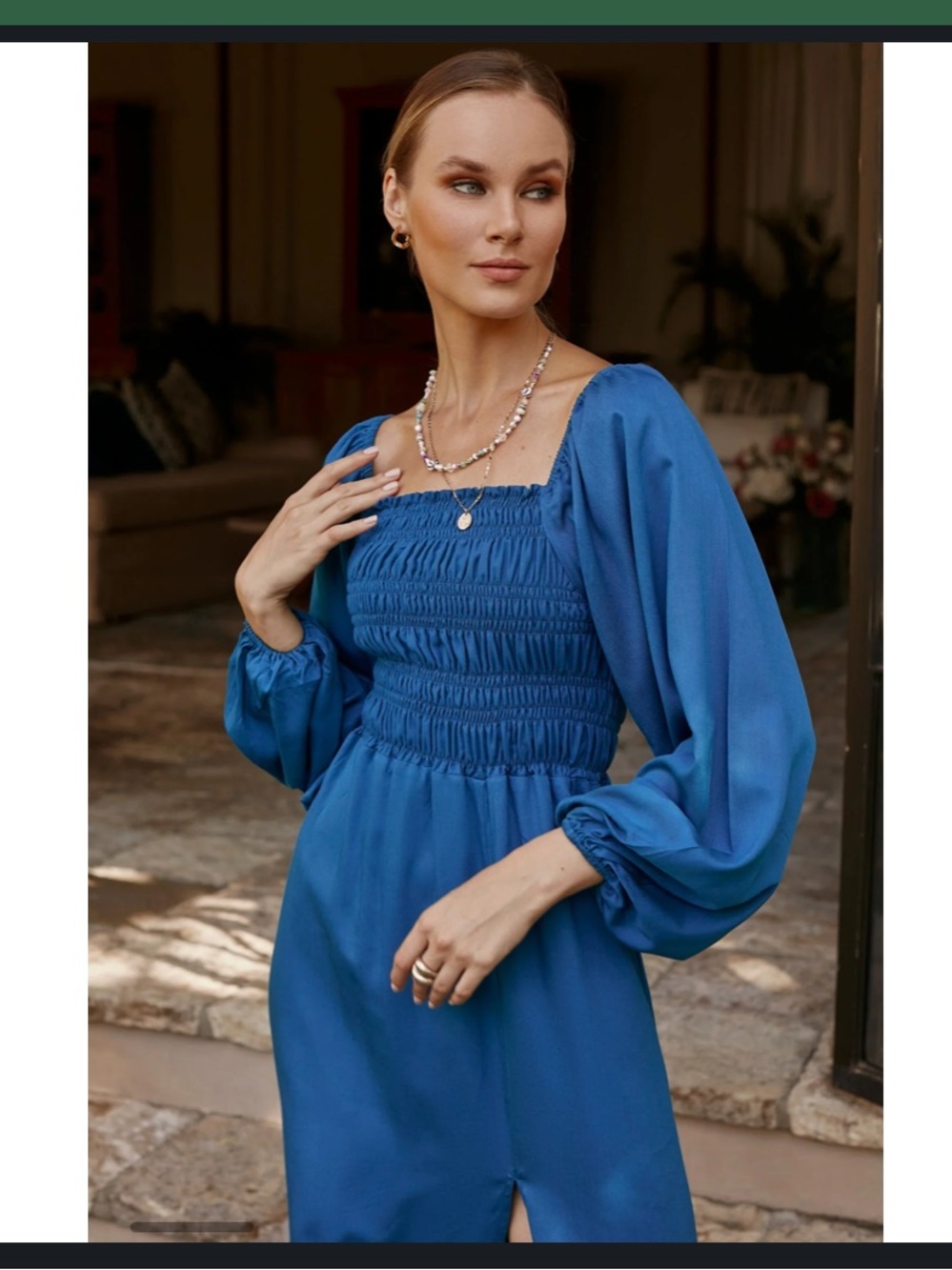 Blue Midi Dress with Smocked Bodice and Balloon Sleeves